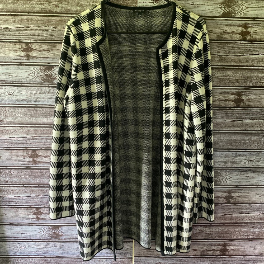 Talbots Women's Long-Sleeved Open-Front Sweater Size L Petite Black White Plaid